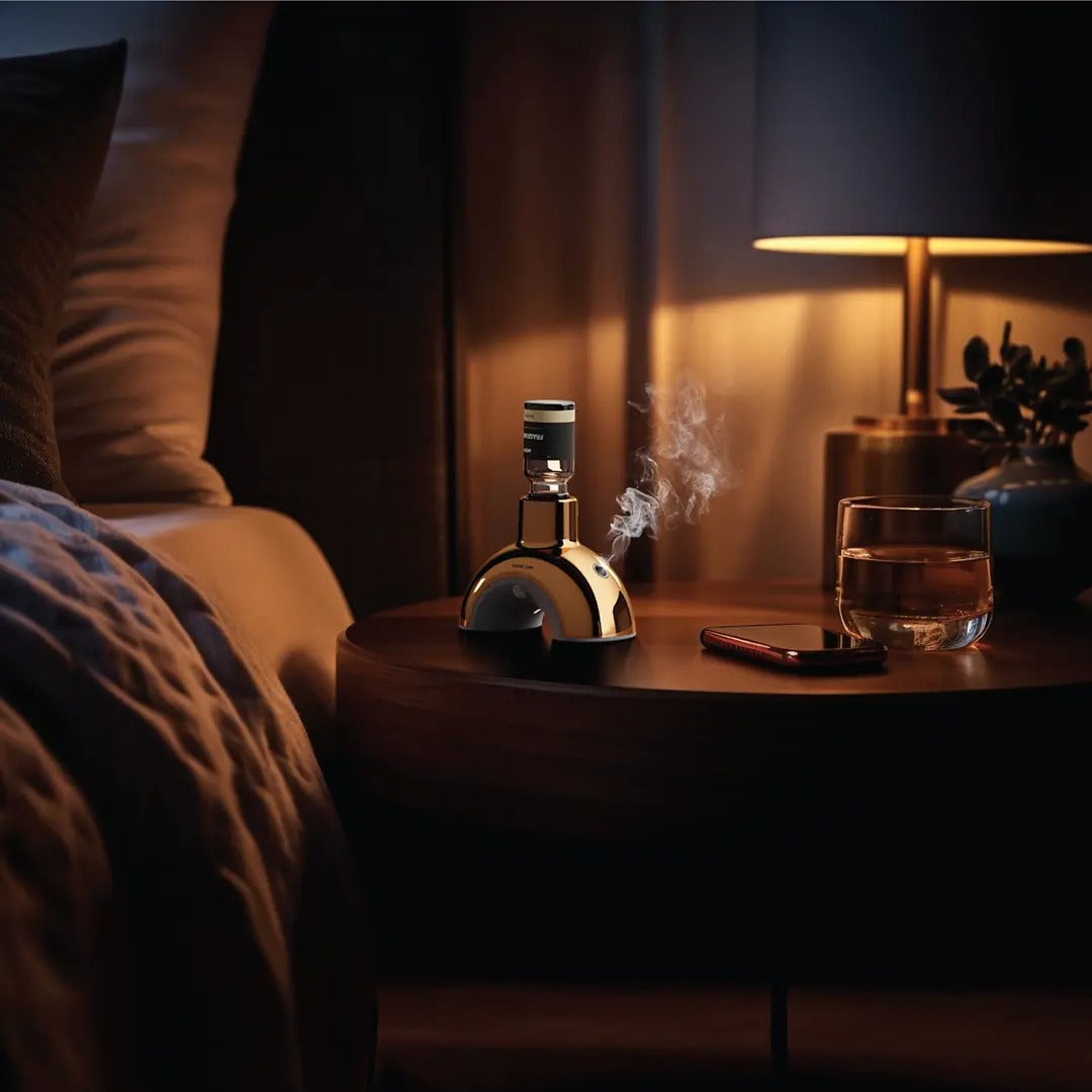 Green Lion Olara Fragrance Diffuser placed on a bedside table emitting gentle mist, surrounded by a warm ambient light