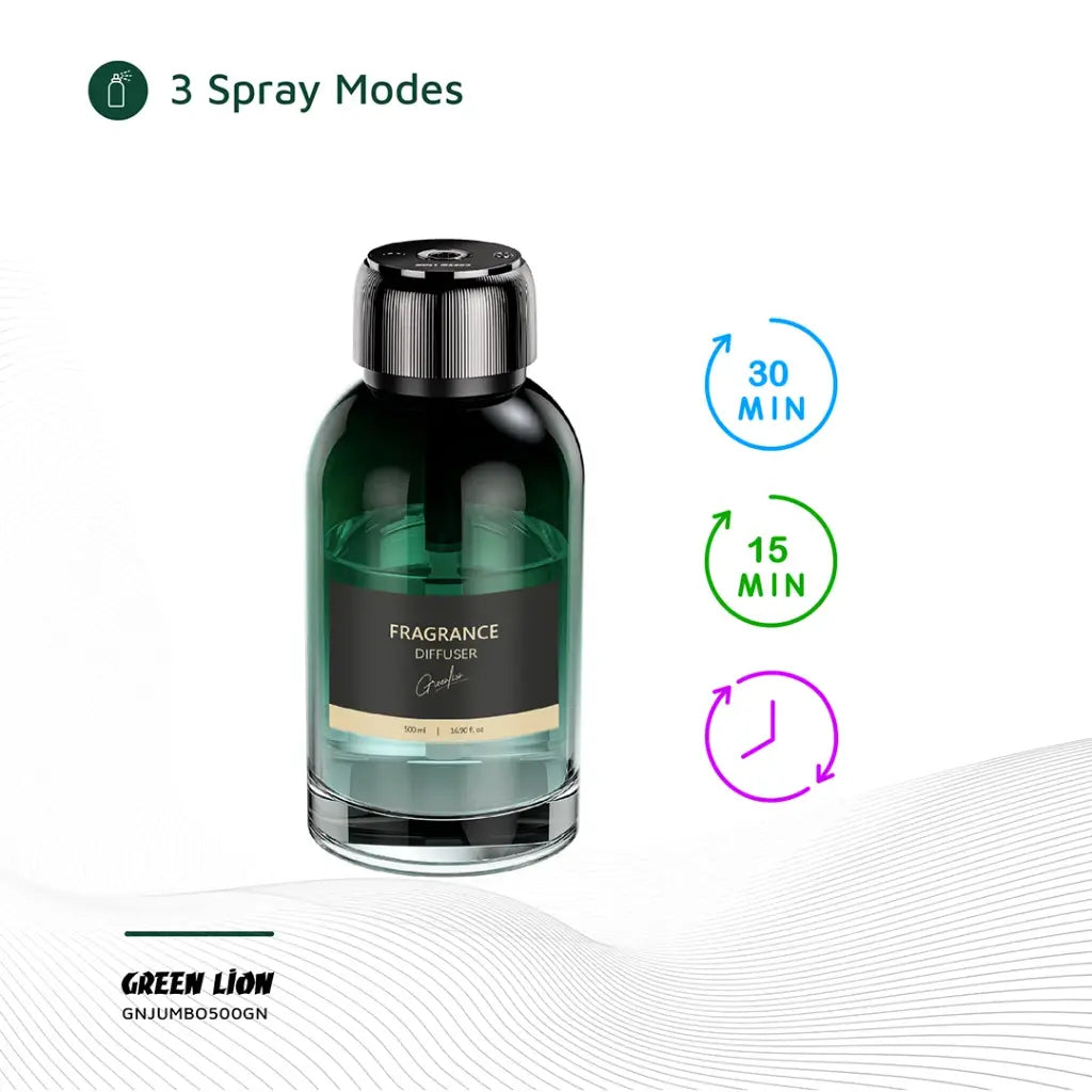 Green Lion fragrance diffuser bottle with spray mode indicators on a white background