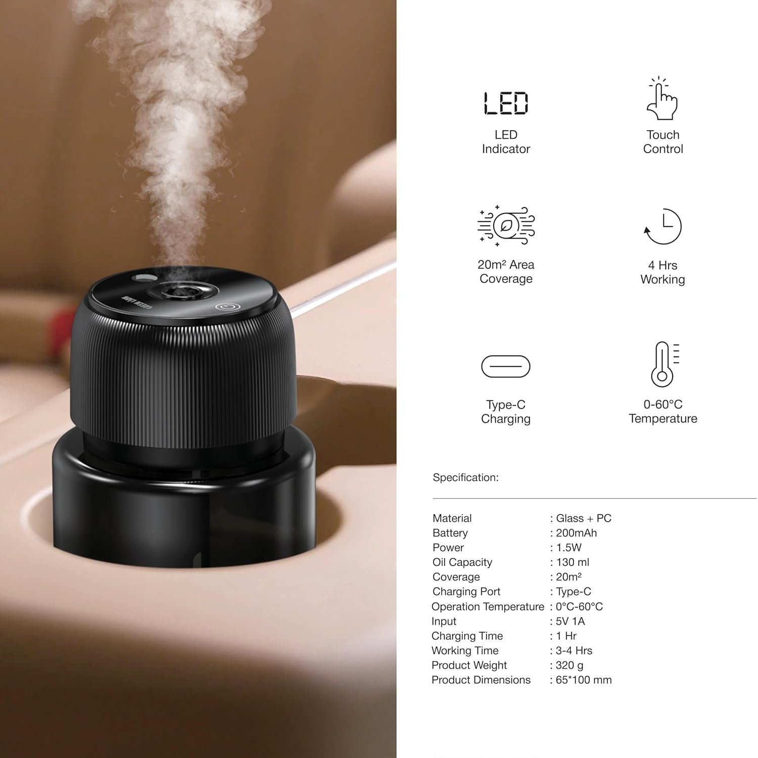 Green Lion Fragrance Diffuser emitting steam with specifications on the right side.
