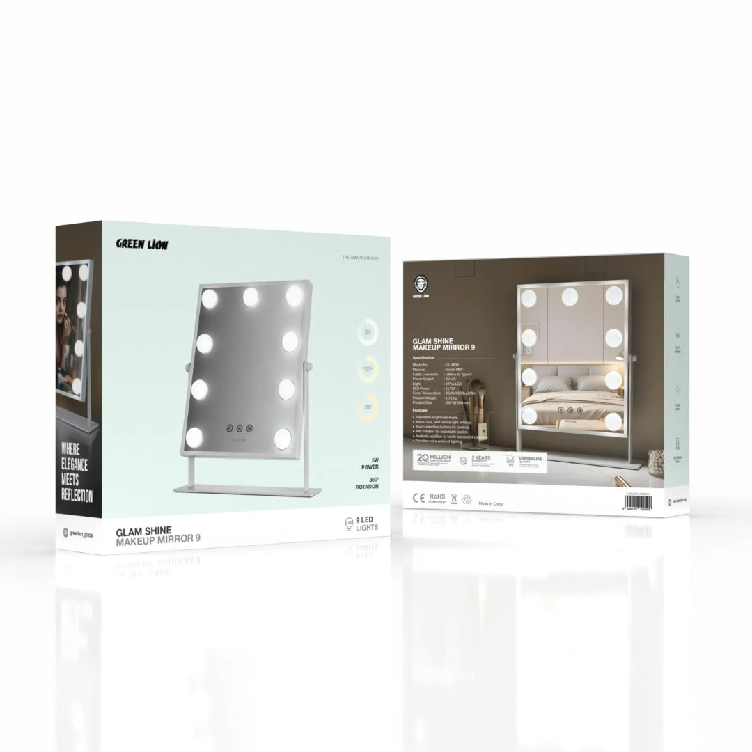 Packaging of a Green Lion Glam Shine Makeup Mirror 9 with lights on a white background