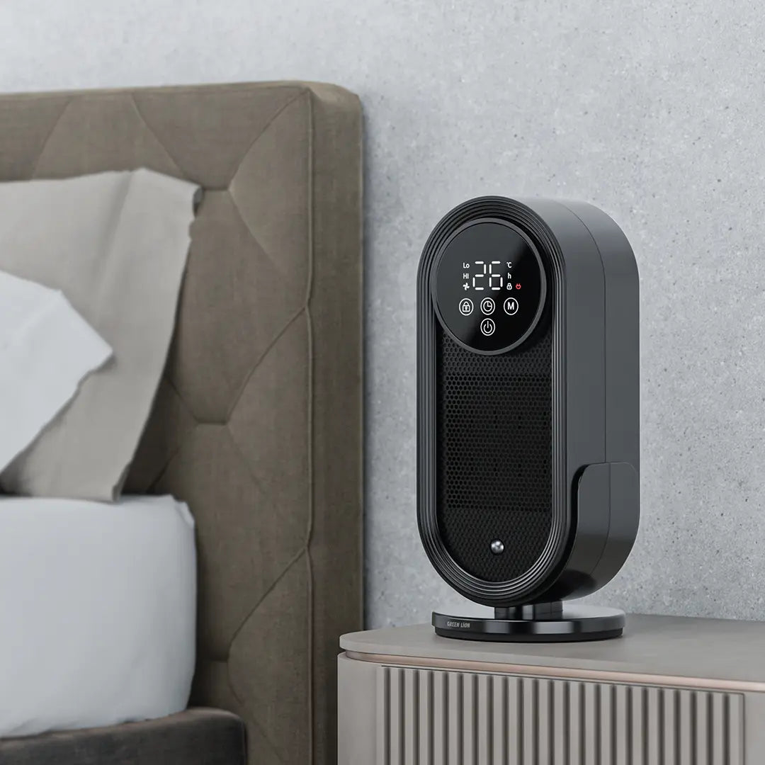 A Green Lion Heater Lite  & Ceramic Fan Heater is Placed in a Bedside Table.