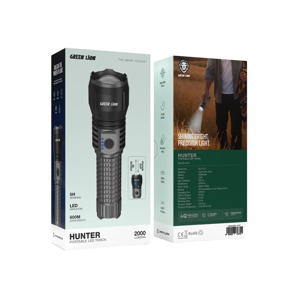 Two packaging boxes for Green Lion Hunter portable LED torches on a white background.