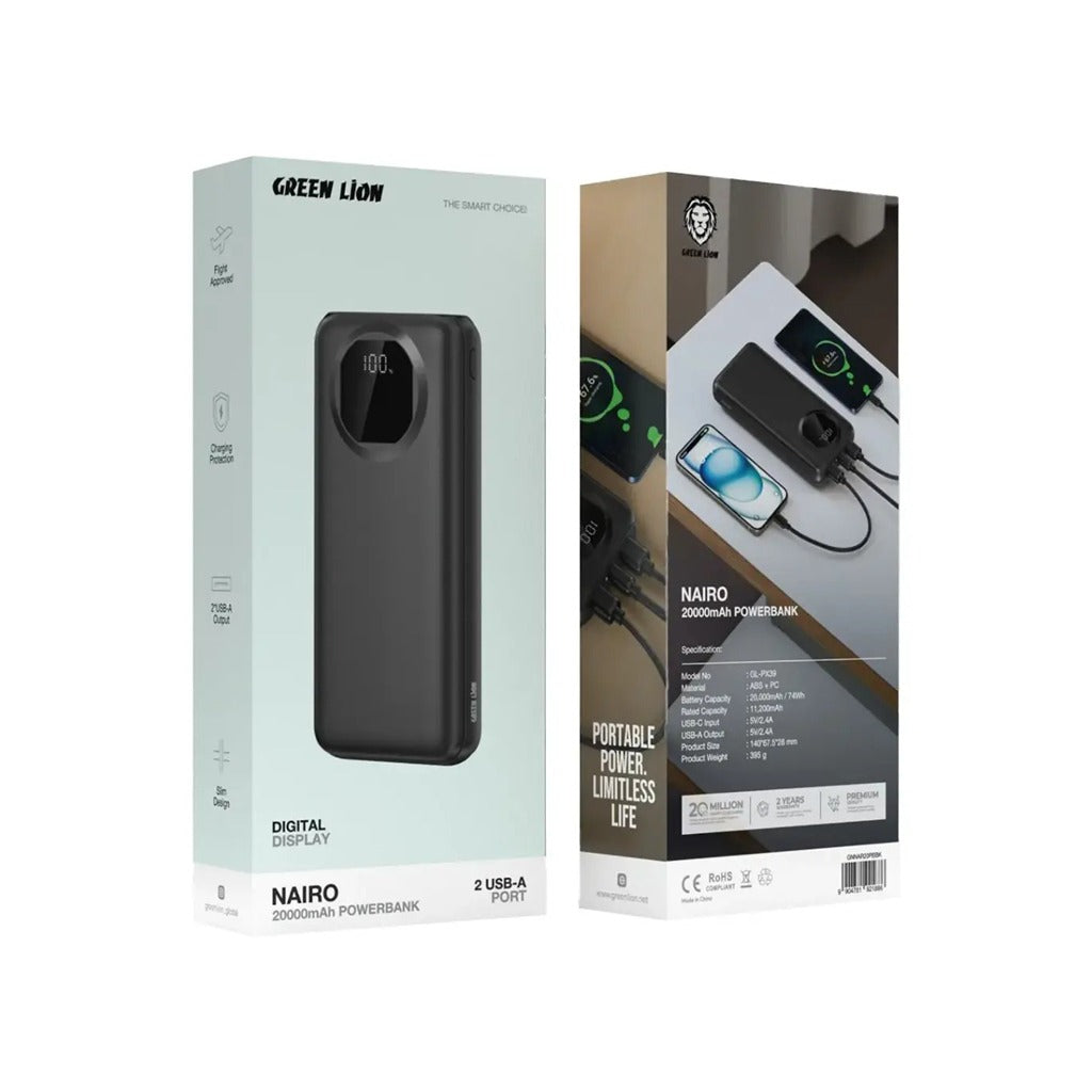 Two packaging boxes for a Green Lion Nairo power bank on a white background