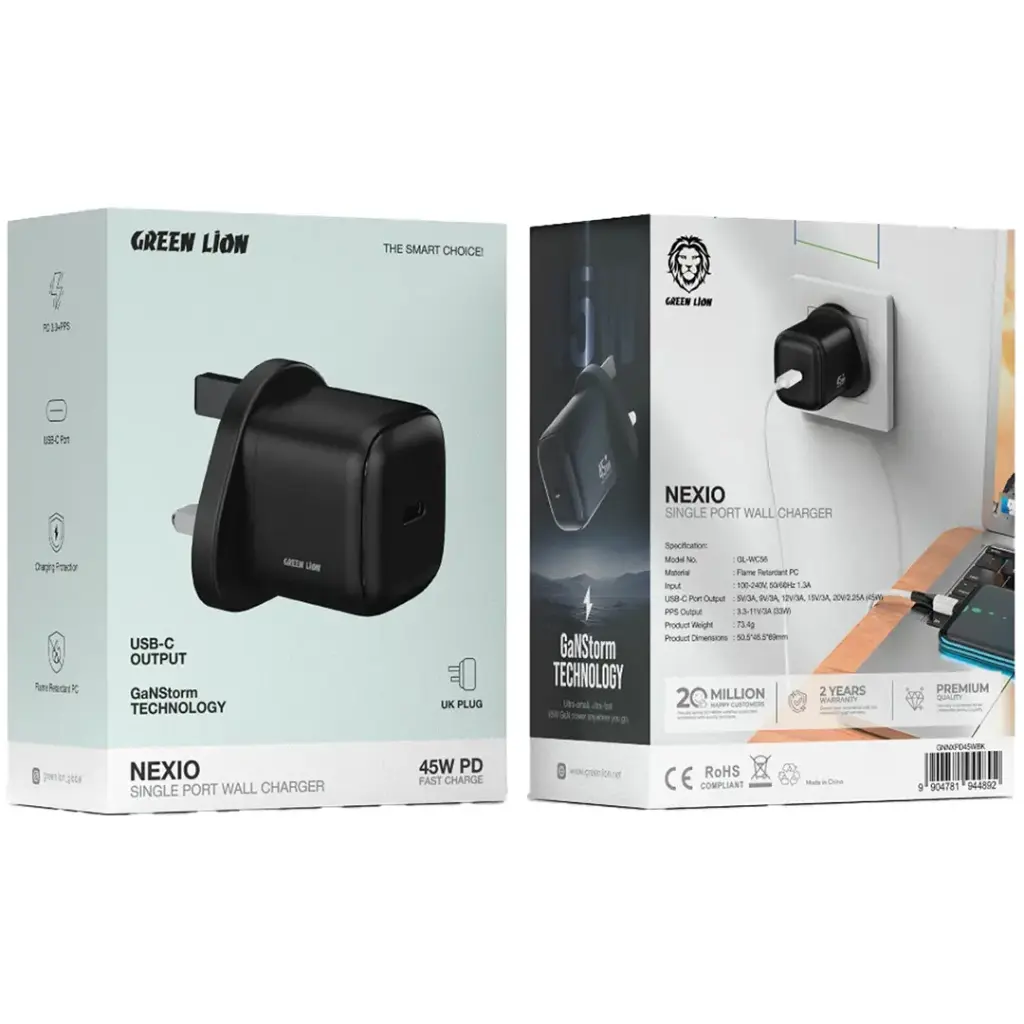 Package Of Green Lion Nexio Single Port Wall Charger UK Plug 