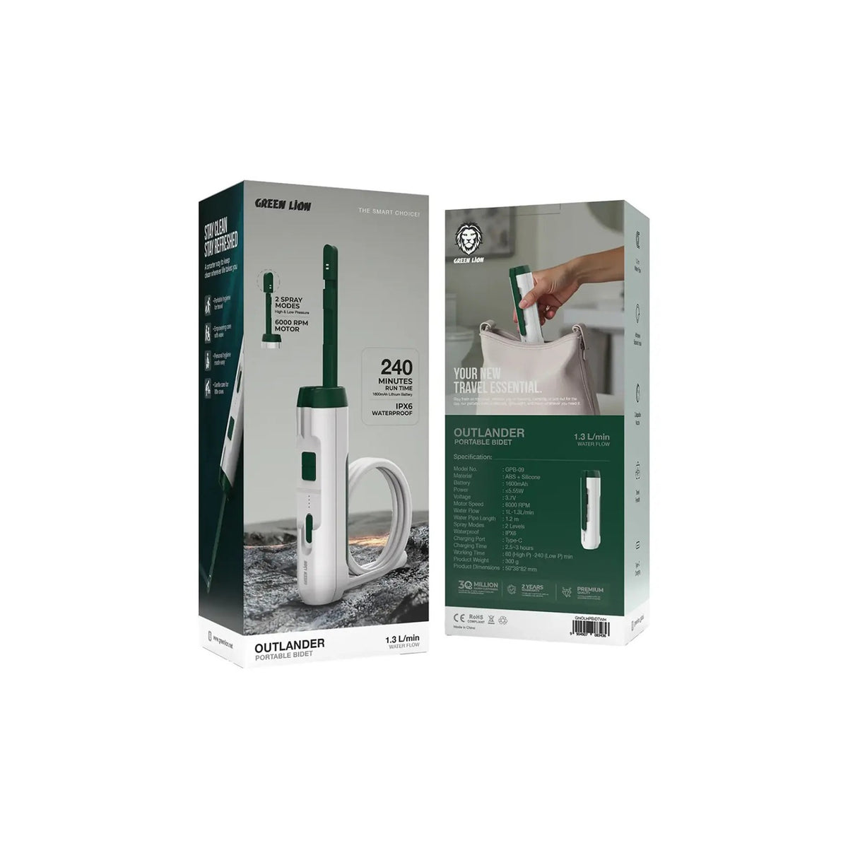 Green Lion Outlander Portable Bidet packaging on a white background