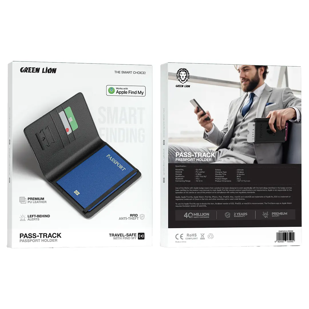 Green Lion Pass-Track passport holder packaging with a man holding a phone and suitcase.