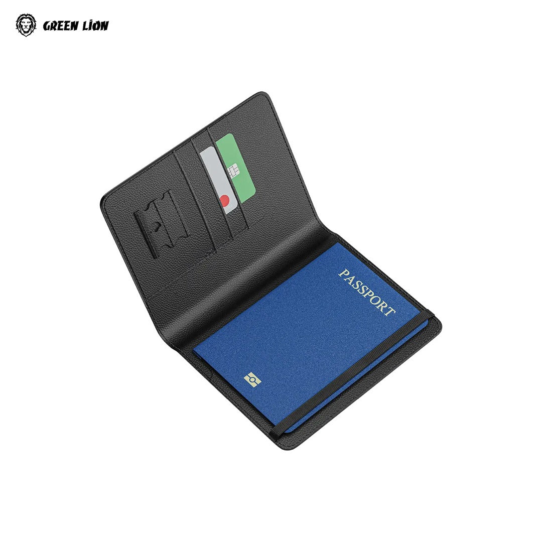 Green Lion Pass-Track Passport Holder with blue interior and card slots on a white background, featuring the Green Lion brand.