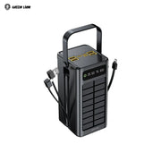 Black Green Lion Solar X 60000mAh Power Bank with solar panel and cables on a white background