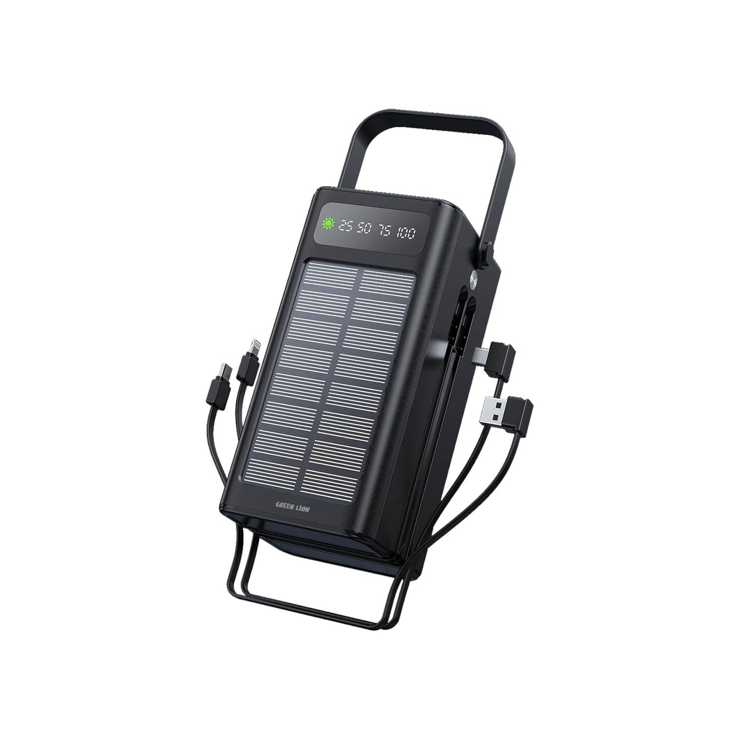 Black Green Lion Solar power bank with multiple ports on a white background