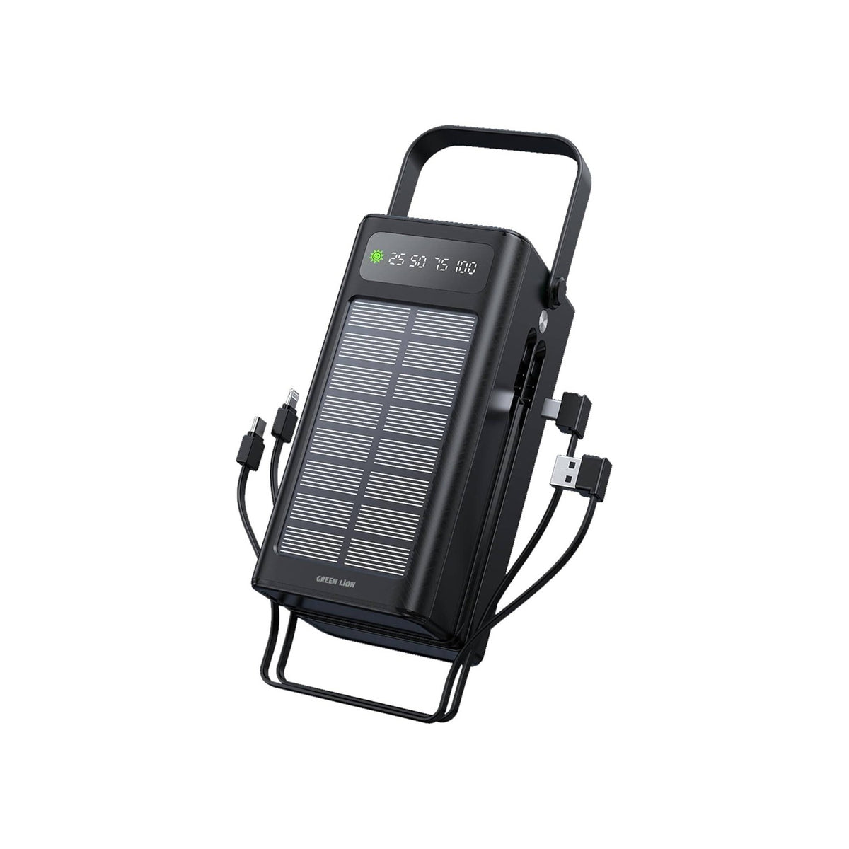 Black Green Lion Solar power bank with multiple ports on a white background