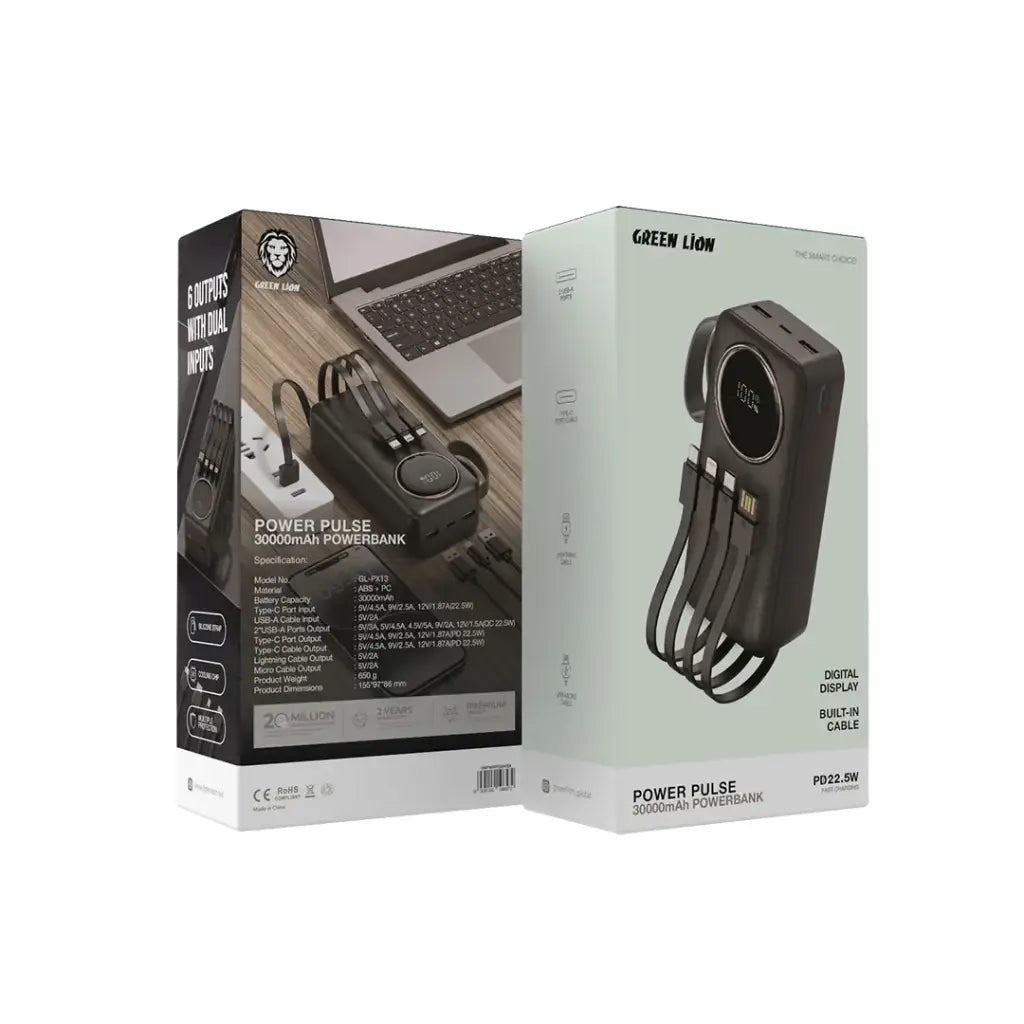 Green Lion power bank packaging with product image and text on a white background