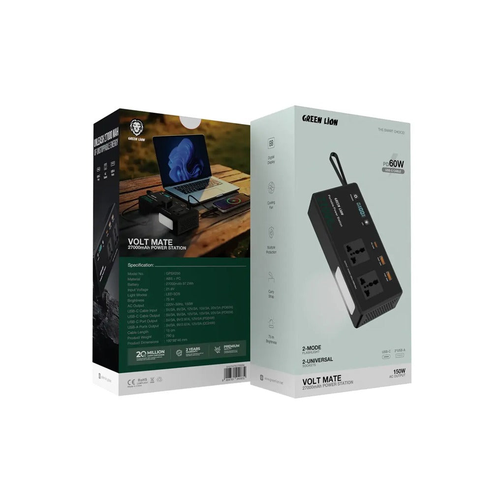 Two packaging boxes for the Green Lion Volt Mate 27000mAh Portable Power Station on a white background