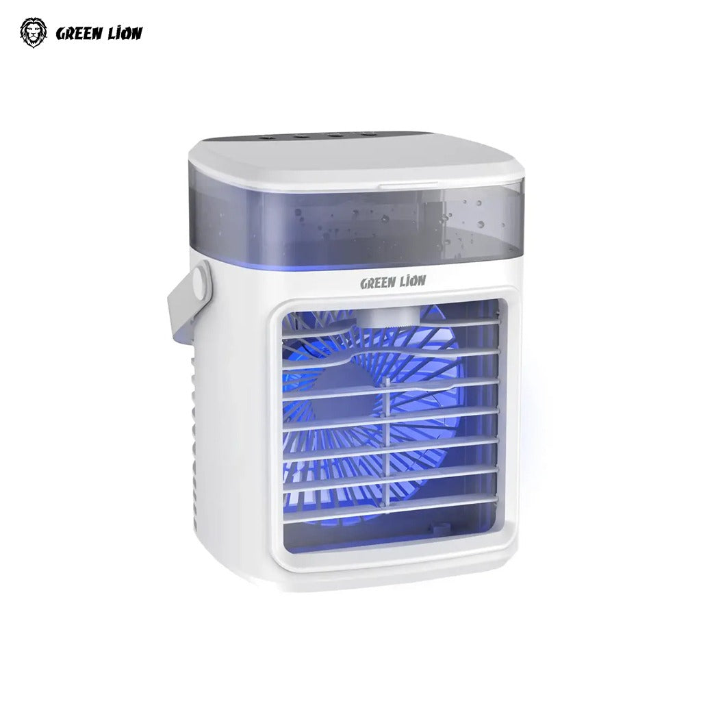 White Green Lion Rechargeable Air Cooler with blue light on a white background
