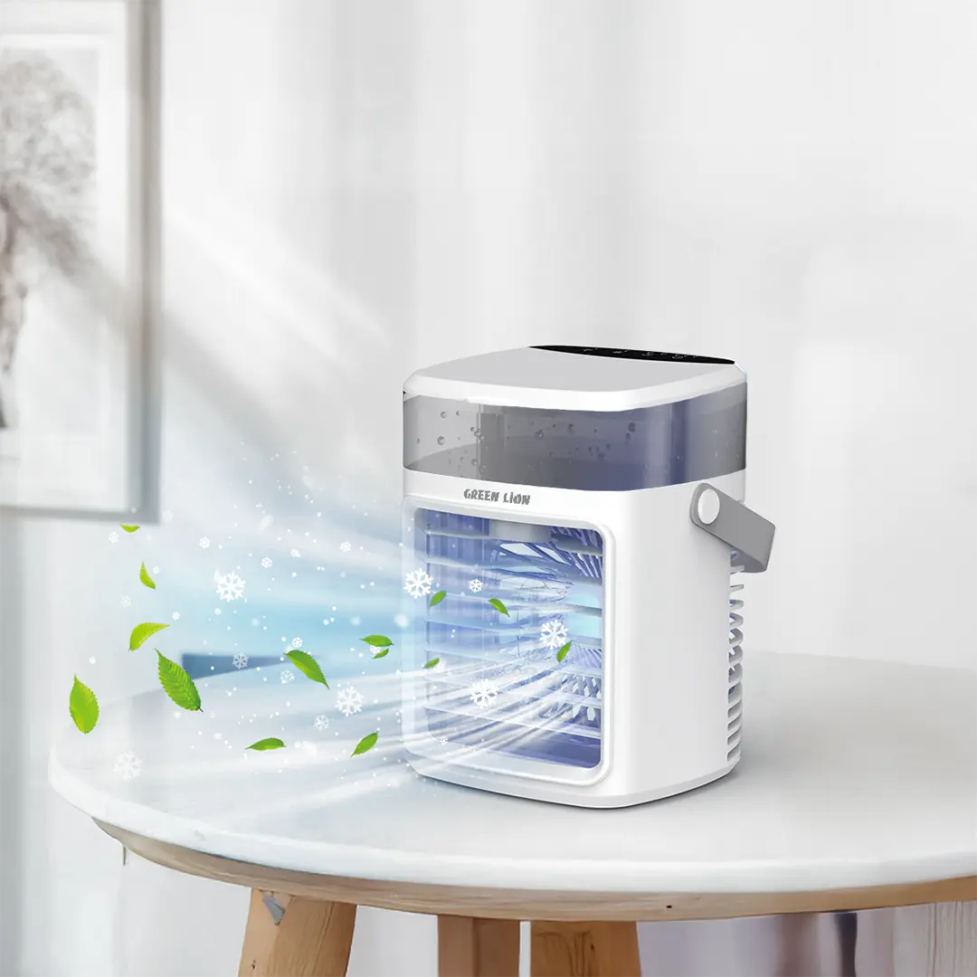 Green Lion Rechargeable Air Cooler on a white surface with a light background