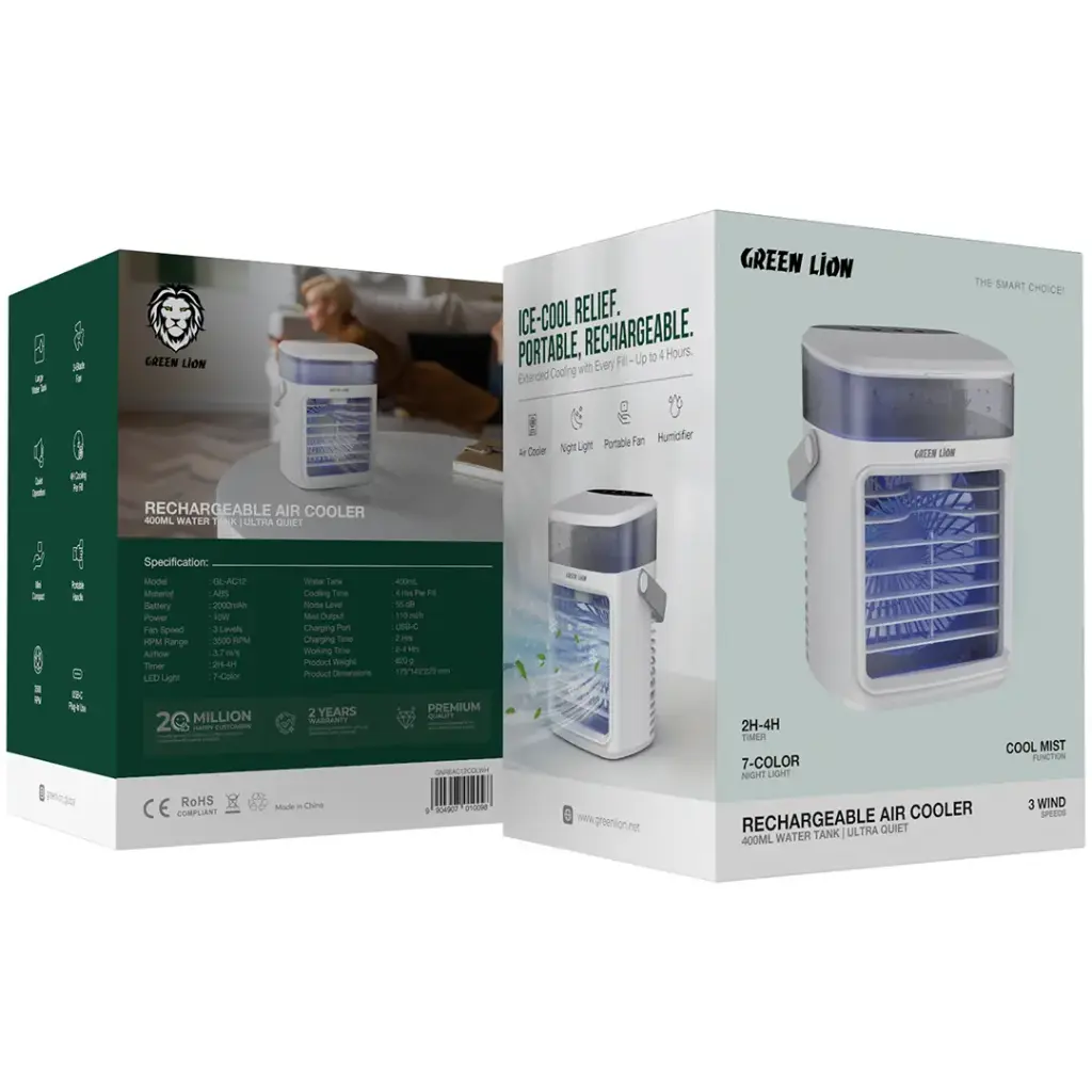 Green Lion rechargeable air cooler packaging on a white background