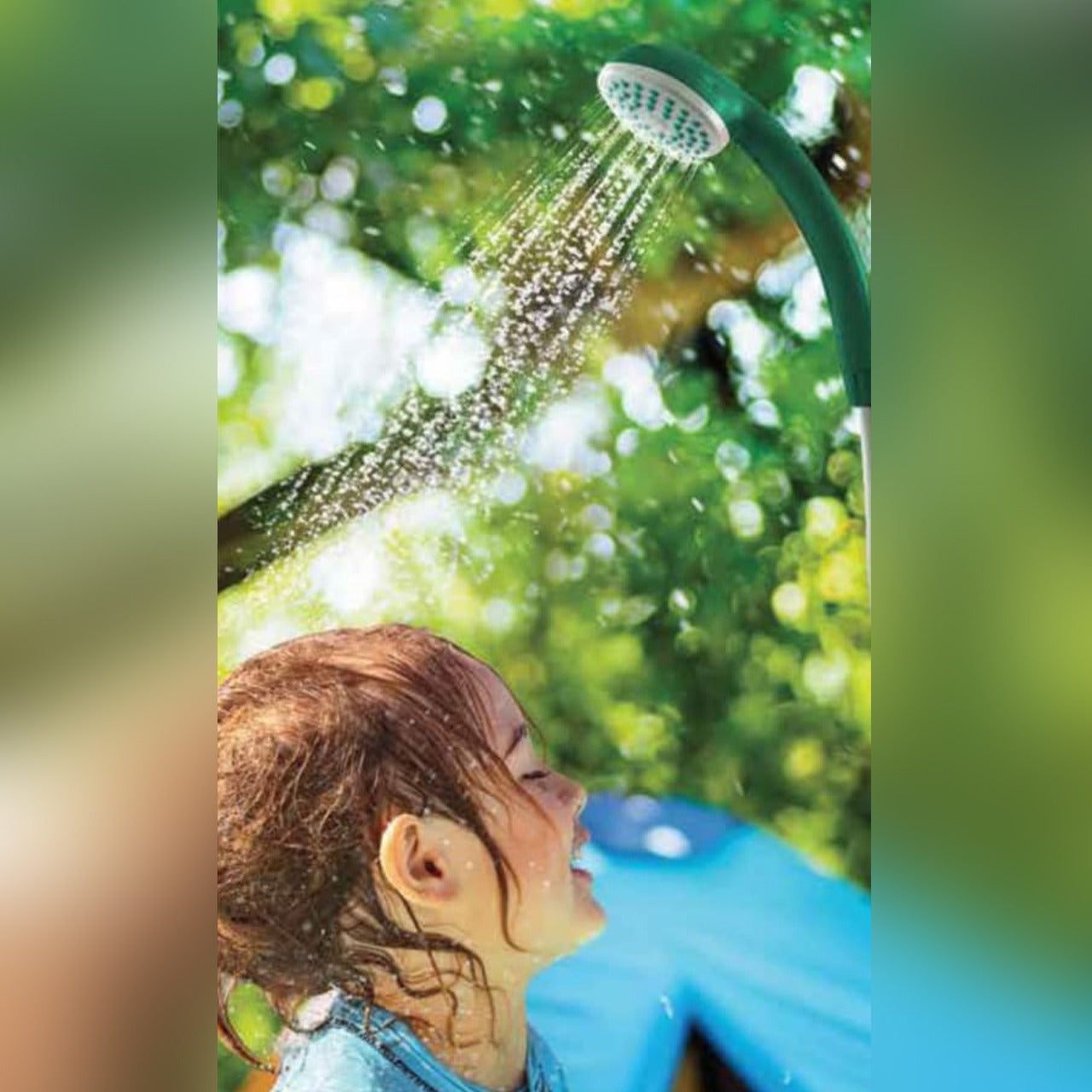 A Child is Enjoying Using Green Lion Rechargeable Outdoor Smart Shower.