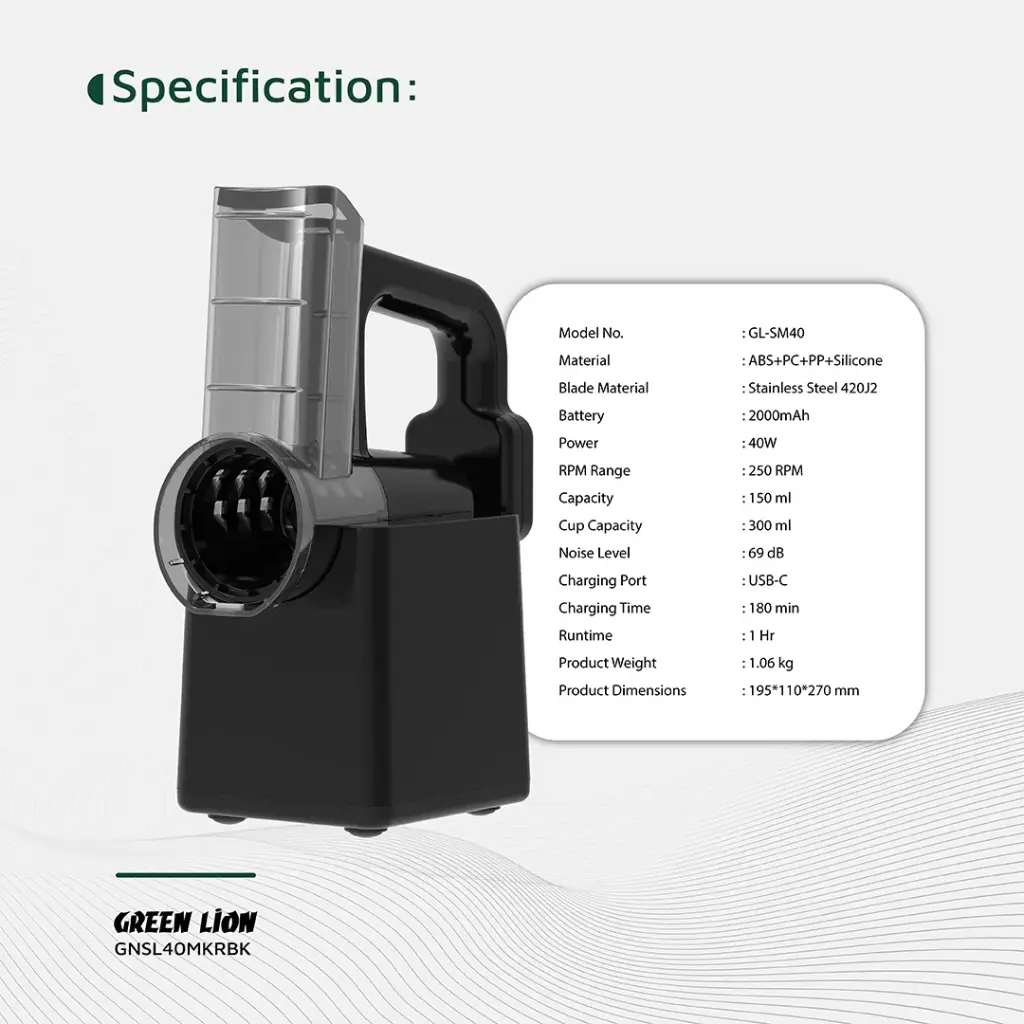 Black Green Lion 3-in-1 Cordless Salad Maker  with specifications on a white background