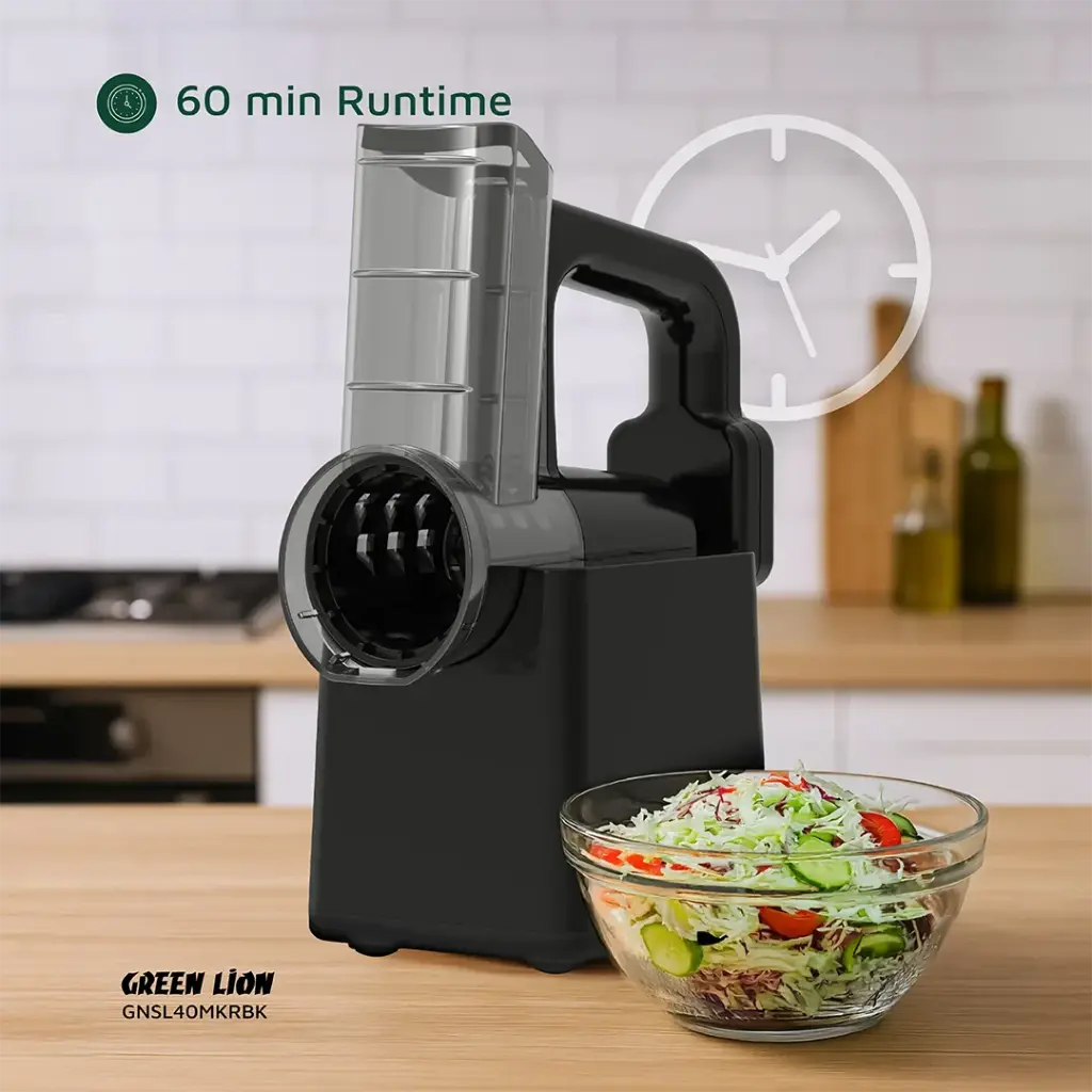 Black Green Lion 3-in-1 Cordless Salad Maker on a kitchen counter with a bowl of salad.