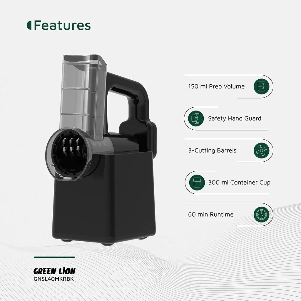 Black Green Lion 3-in-1 Cordless Salad Maker with features listed on a white background