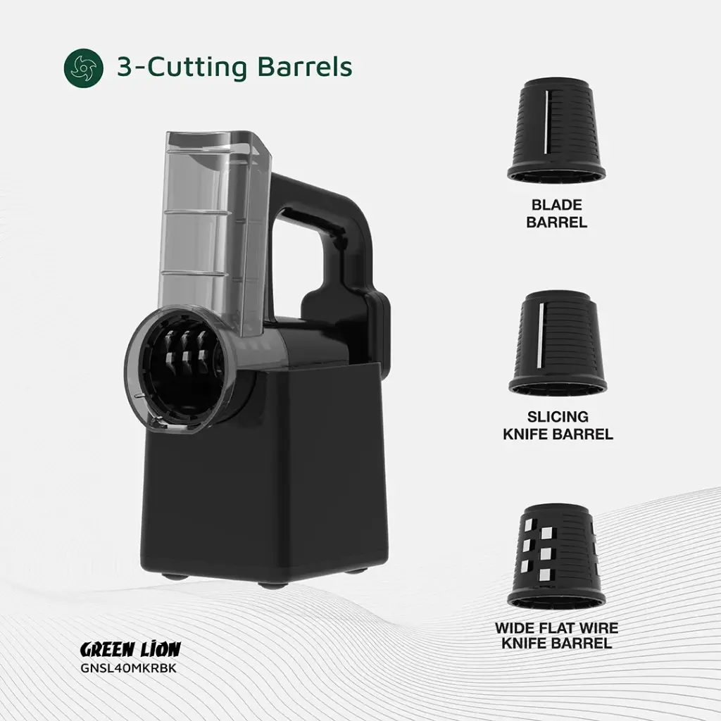 Black Green Lion 3-in-1 Cordless Salad Maker with three cutting barrels on a white background