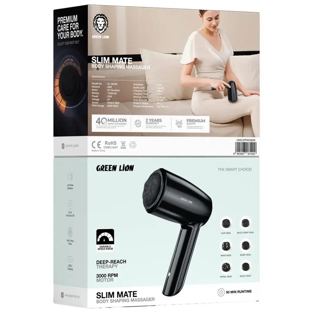 Green Lion Slim Mate body shaping massager packaging with product image and features.
