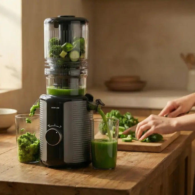 Green Lion Slow Juicer Pro Cold Press Juicer green ingredients on a wooden counter, person preparing vegetables in the background