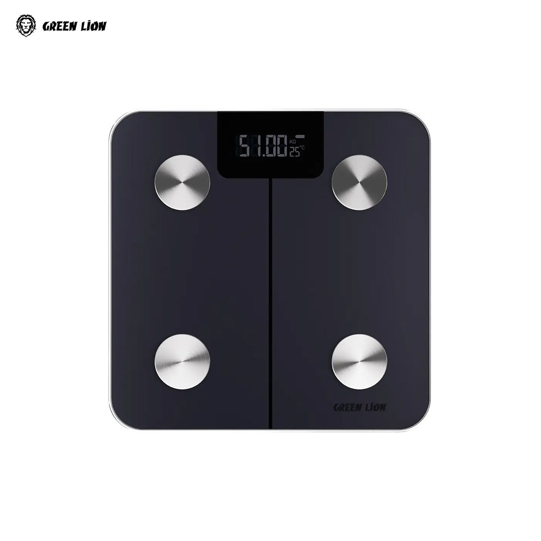 Green Lion  Smart Body Scale with silver buttons on a white background, featuring the Green Lion brand.
