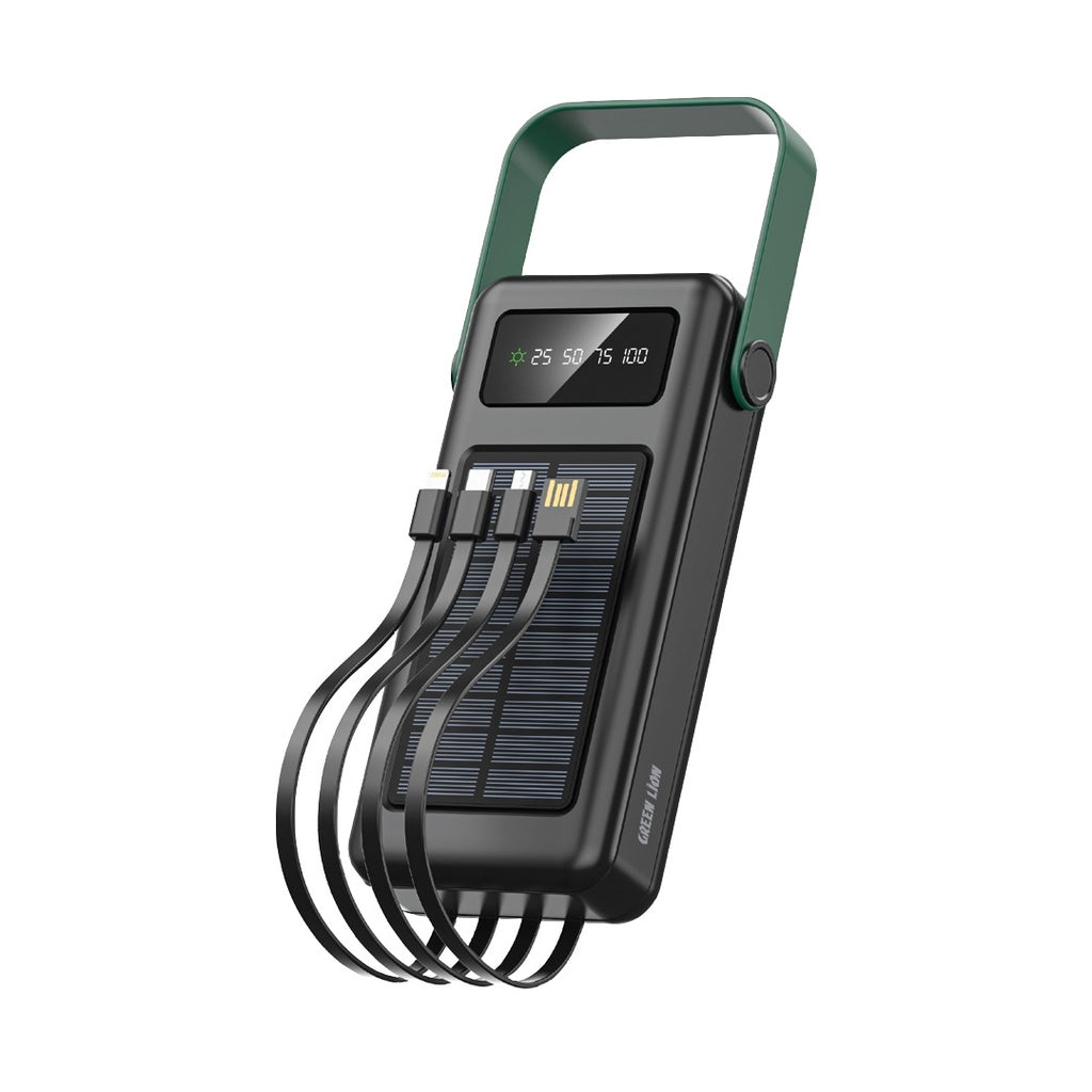 Black Green Lion Solar Max 30000mAh Power Bank, portable charging device with solar panel and digital display on a white background