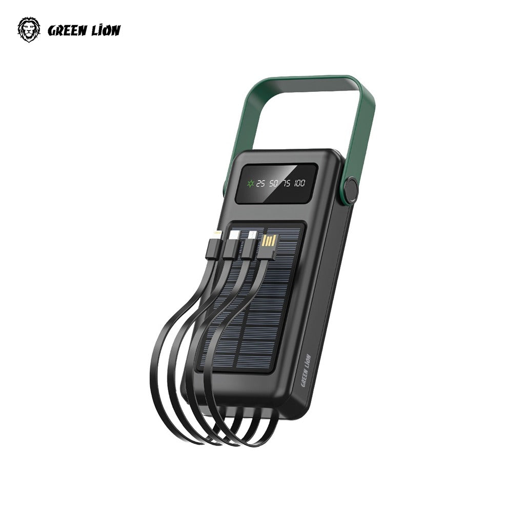 Black power bank with solar panel and multiple charging cables on a white background, featuring the Green Lion brand.