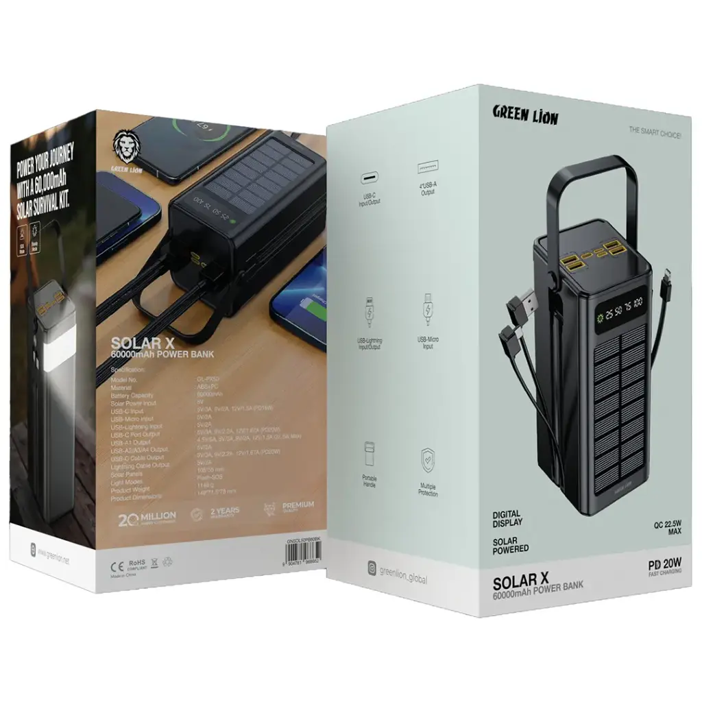 Two packaging boxes for a Green Lion Solar X power bank on a white background
