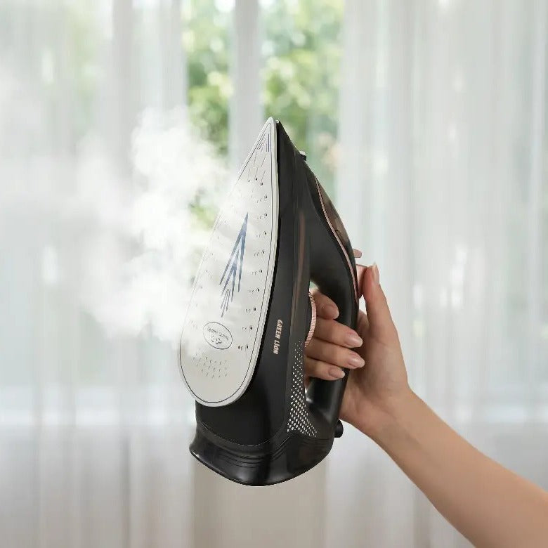 Hand holding a Green Lion Steam Iron against a blurred window background