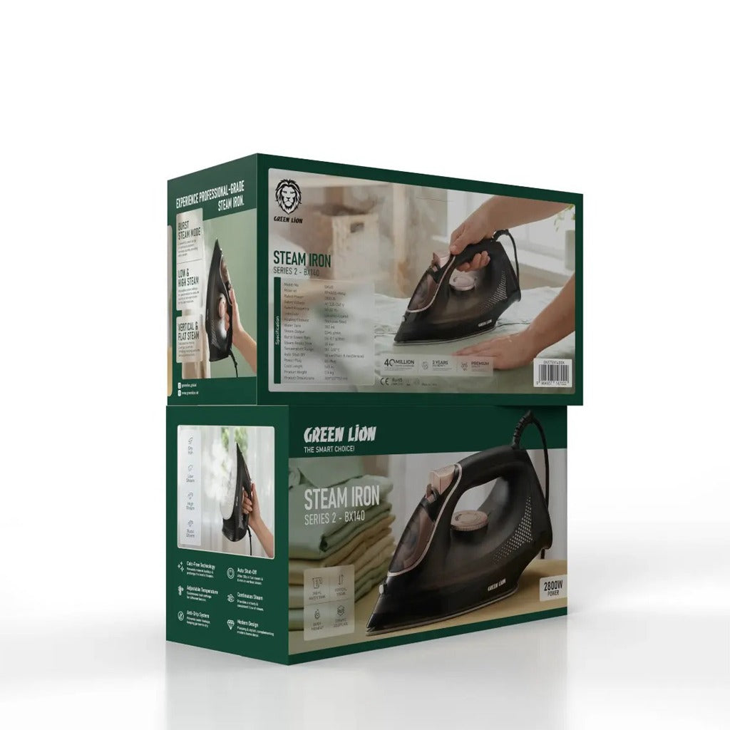 Green Lion steam iron packaging on a white background