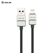 A Green Lion USB-C to Lightning Braided Cable with a black braided body, a white USB-A connector, and a white Lightning connector, shown on a plain white background with the brand logo in the top-left corner.