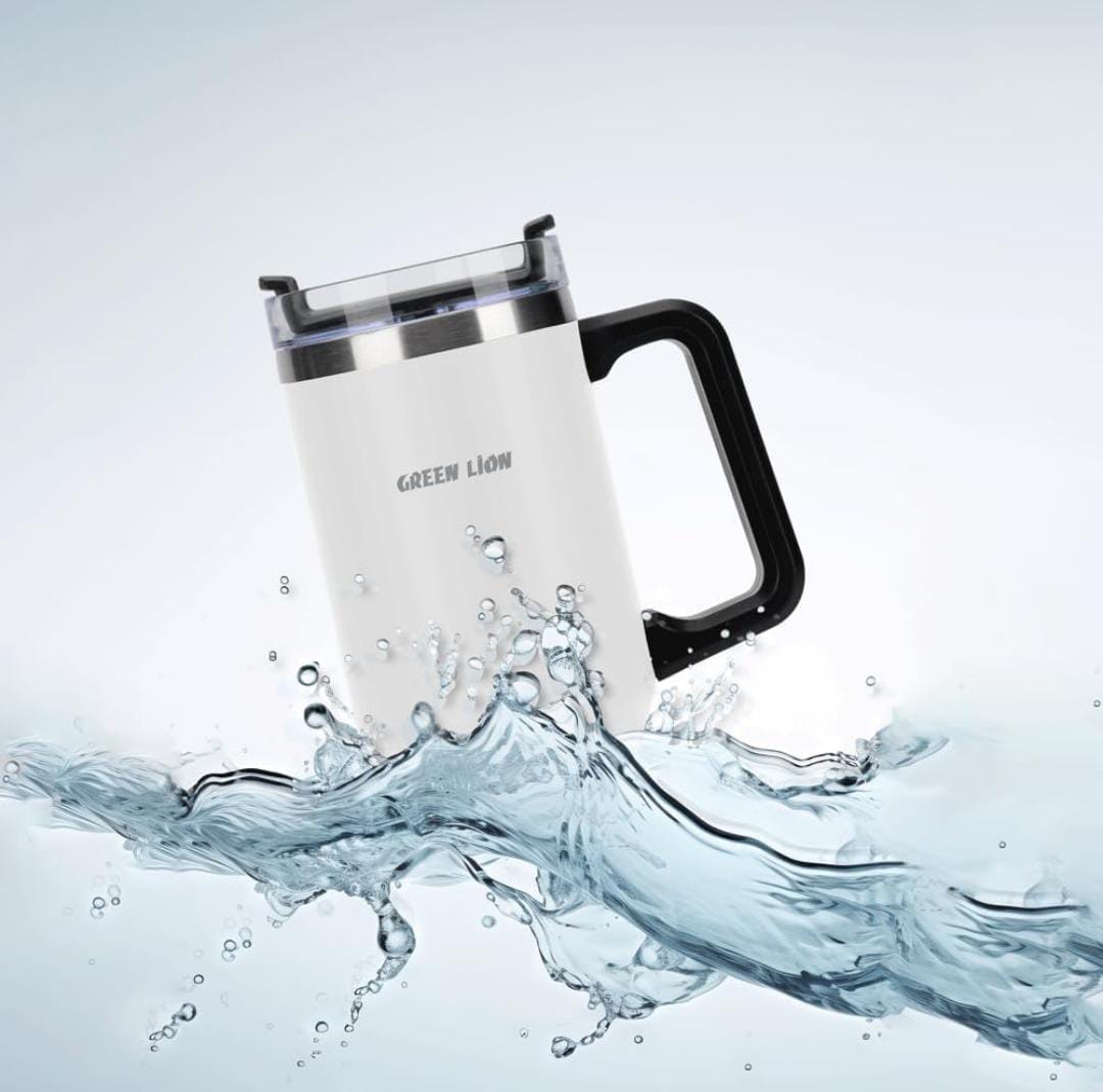 A Green Lion Vacuum Travel Mug.