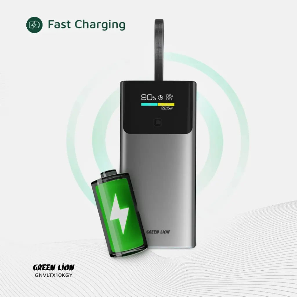 A Green Lion Voltix 10000mAh power bank displayed on a white background. The device features a modern fast-charging design with a visible battery icon, highlighting its efficient power capacity