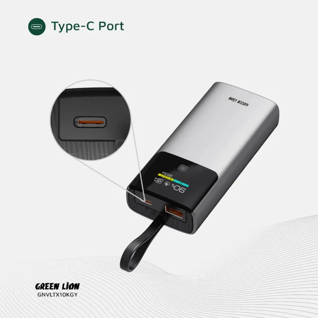 Power bank with Type-C port on a white background, featuring Green Lion branding.