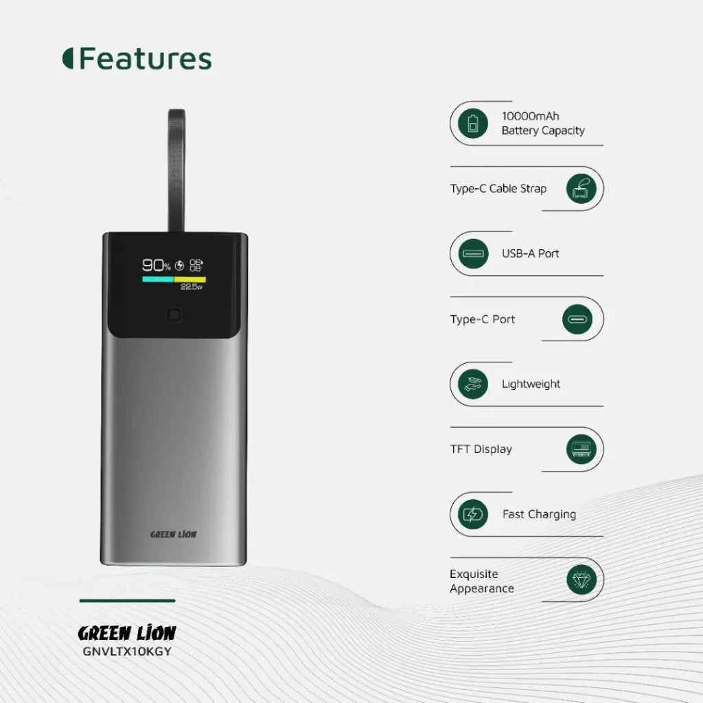 Green Lion power bank with features listed on a white background