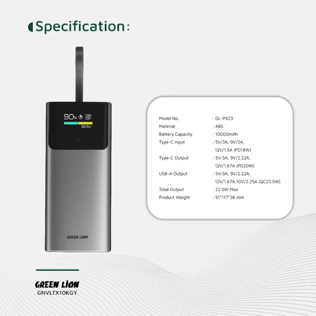 Green Lion Voltix 10000mAh Power Bank with specifications displayed on a white background