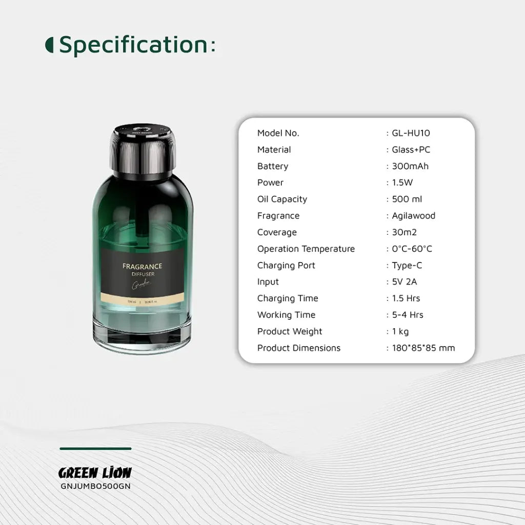 Green Lion Jumbo Fragrance Diffuser  bottle with specifications on a white background
