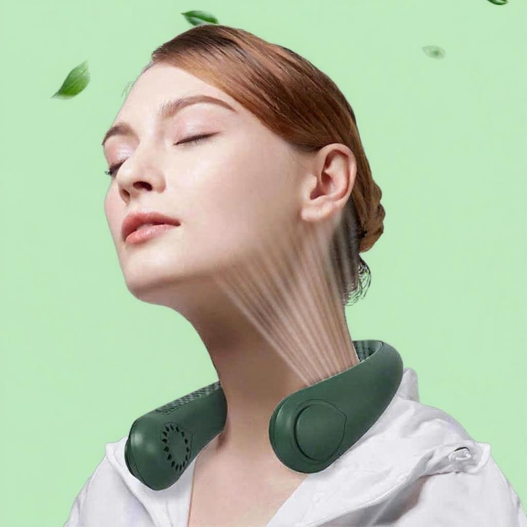 A Woman is Wearing Vaneless Hanging Neck Fan.