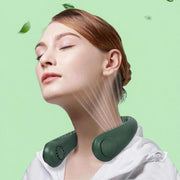 A Woman is Wearing Vaneless Hanging Neck Fan.