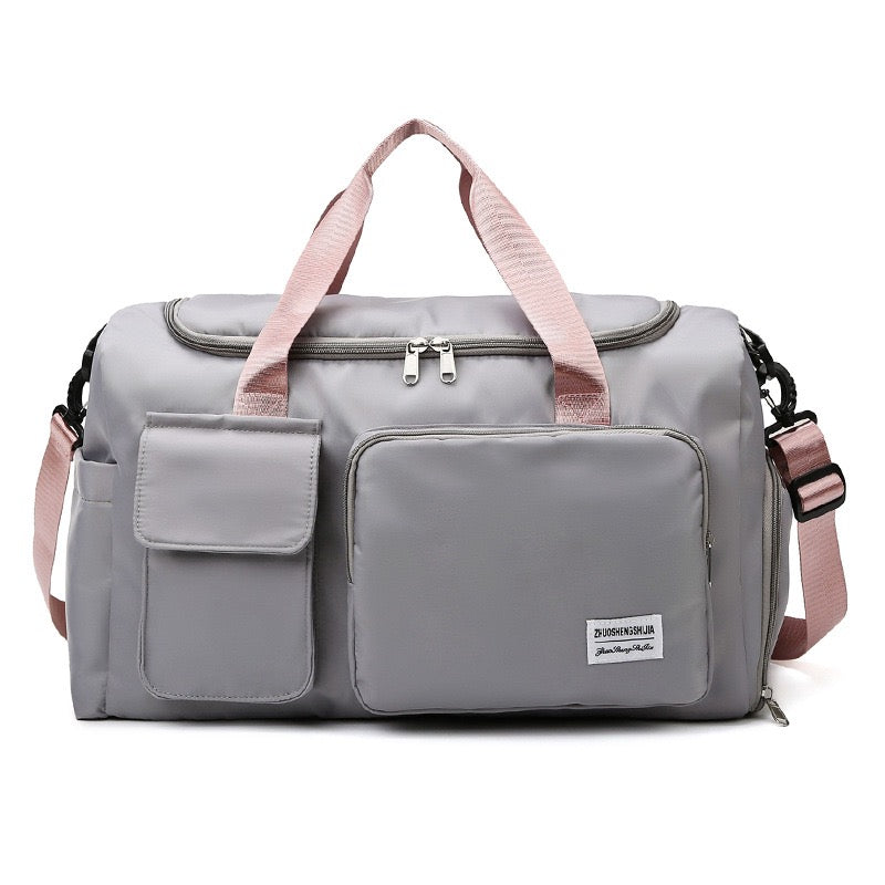 Grey Pink Multi-Pocket Travel Duffle Luggage Bag.