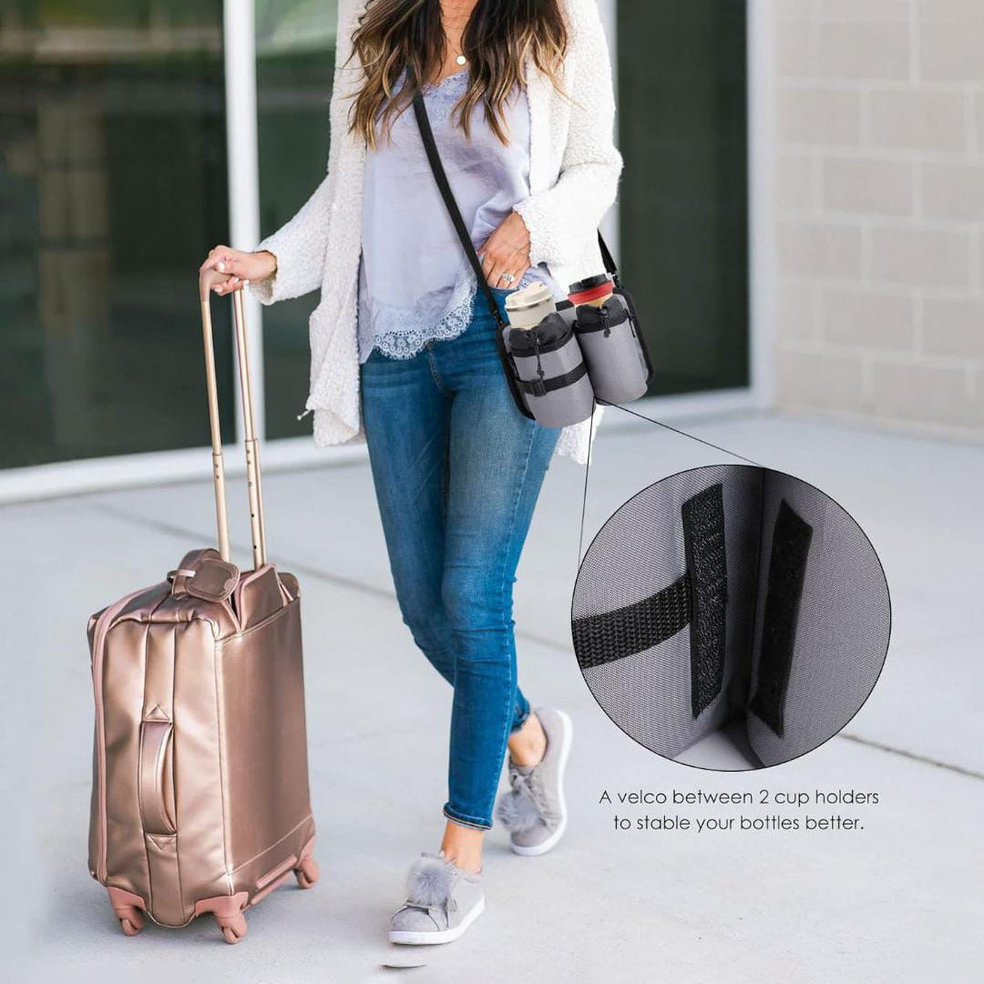 A Women is Carrying Travel Drink Holder Bag.