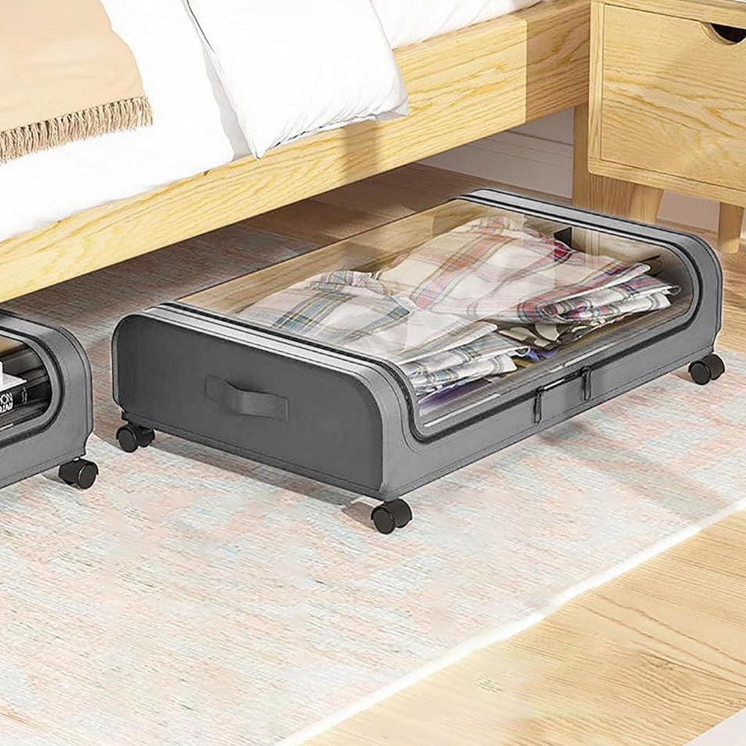 Underbed Storage Bag With Clothes in it Placed Under Bed.