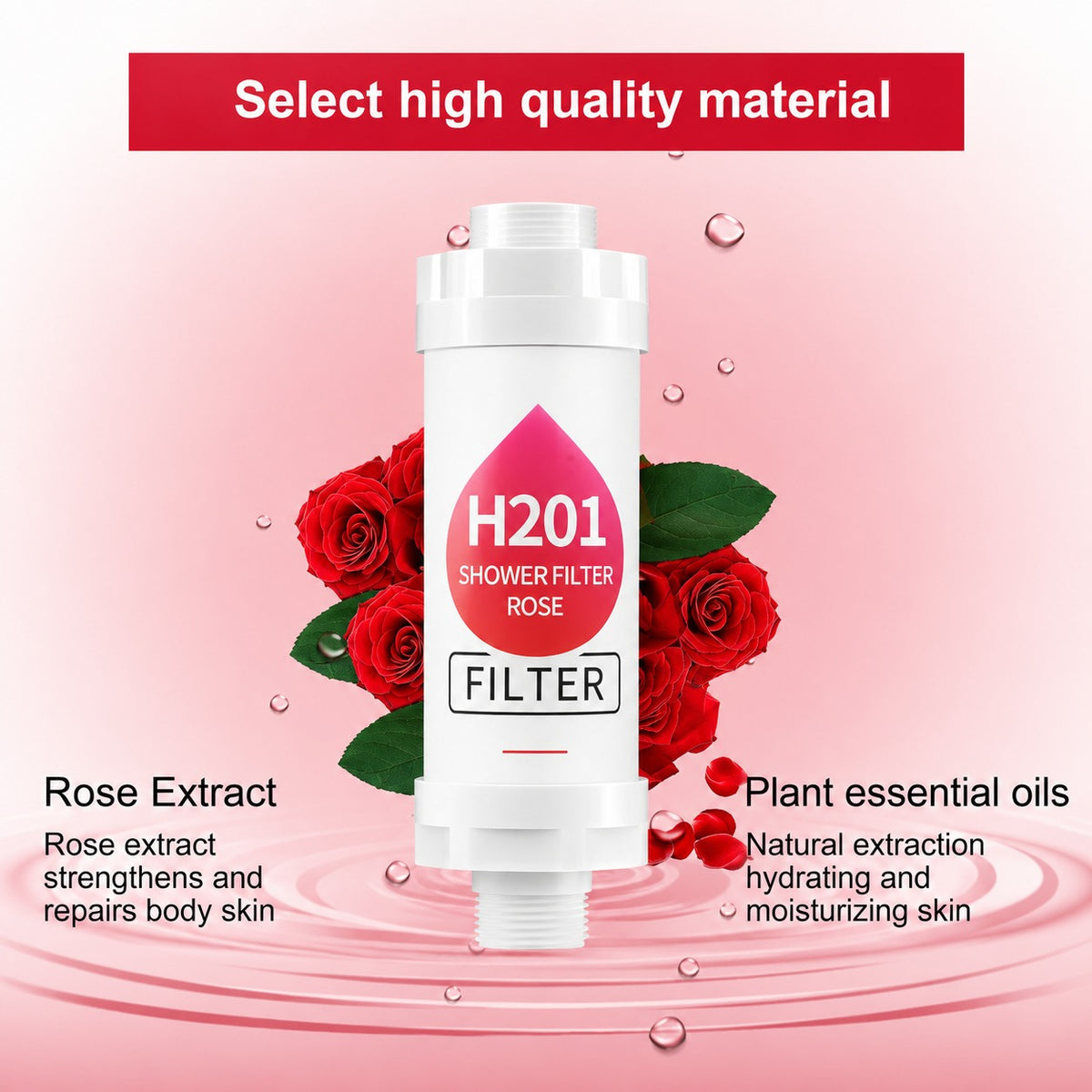 H201 Shower Filter Rose with rose extract and plant essential oils on a pink background