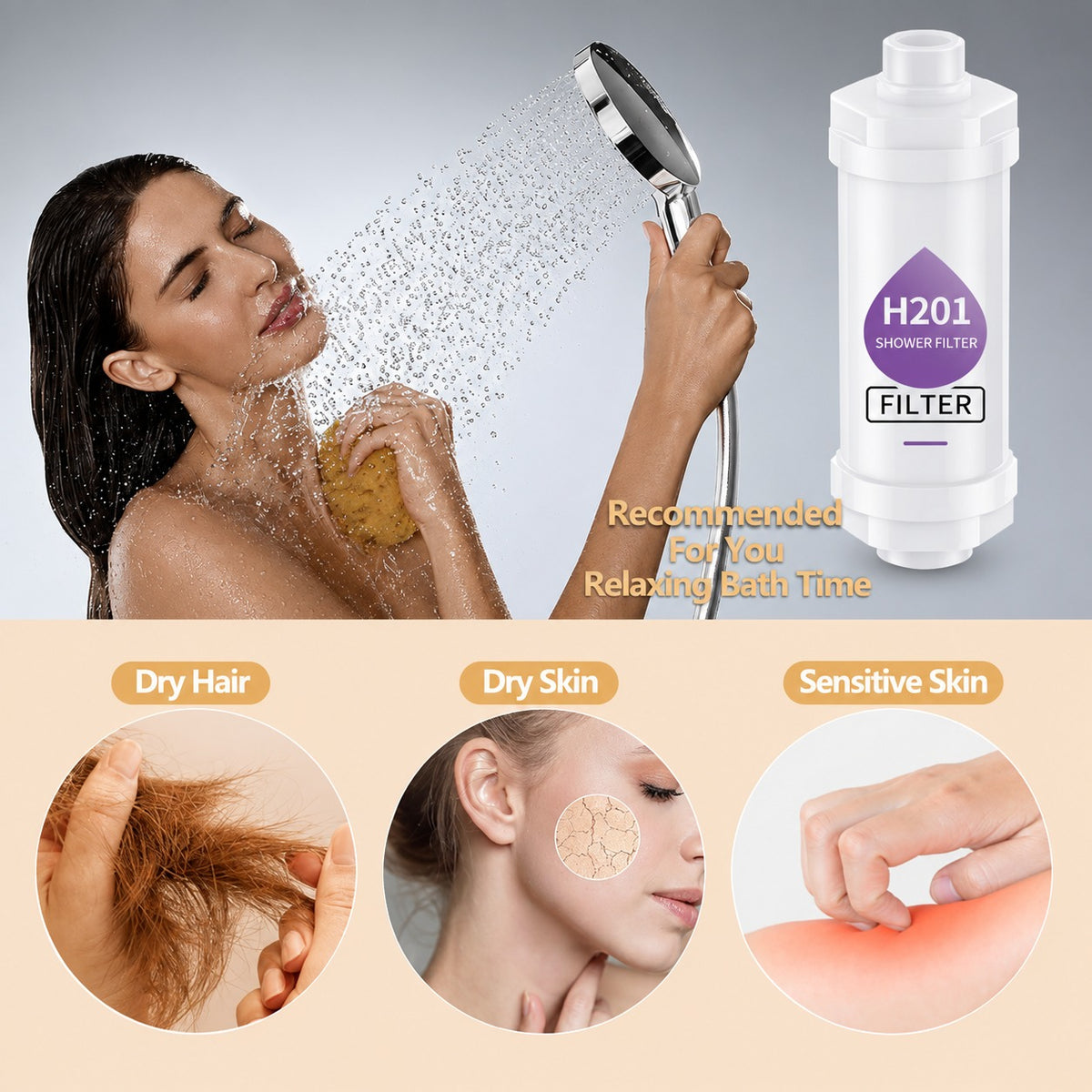 Shower head with a filter labeled H201, used for dry hair, skin, and sensitive skin issues.