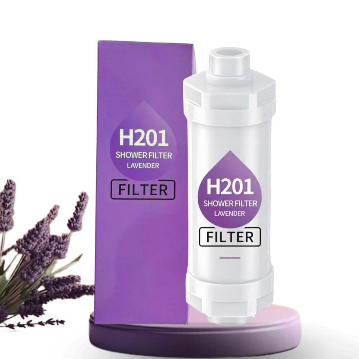 H201 shower filter with lavender scent and packaging on a white background