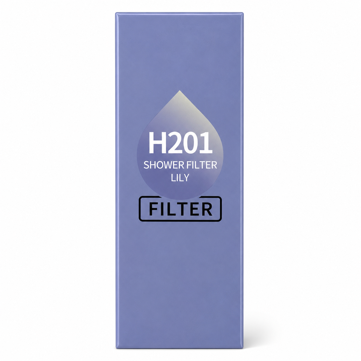Purple packaging of H201 Shower Filter Lily with a water droplet graphic on a white background
