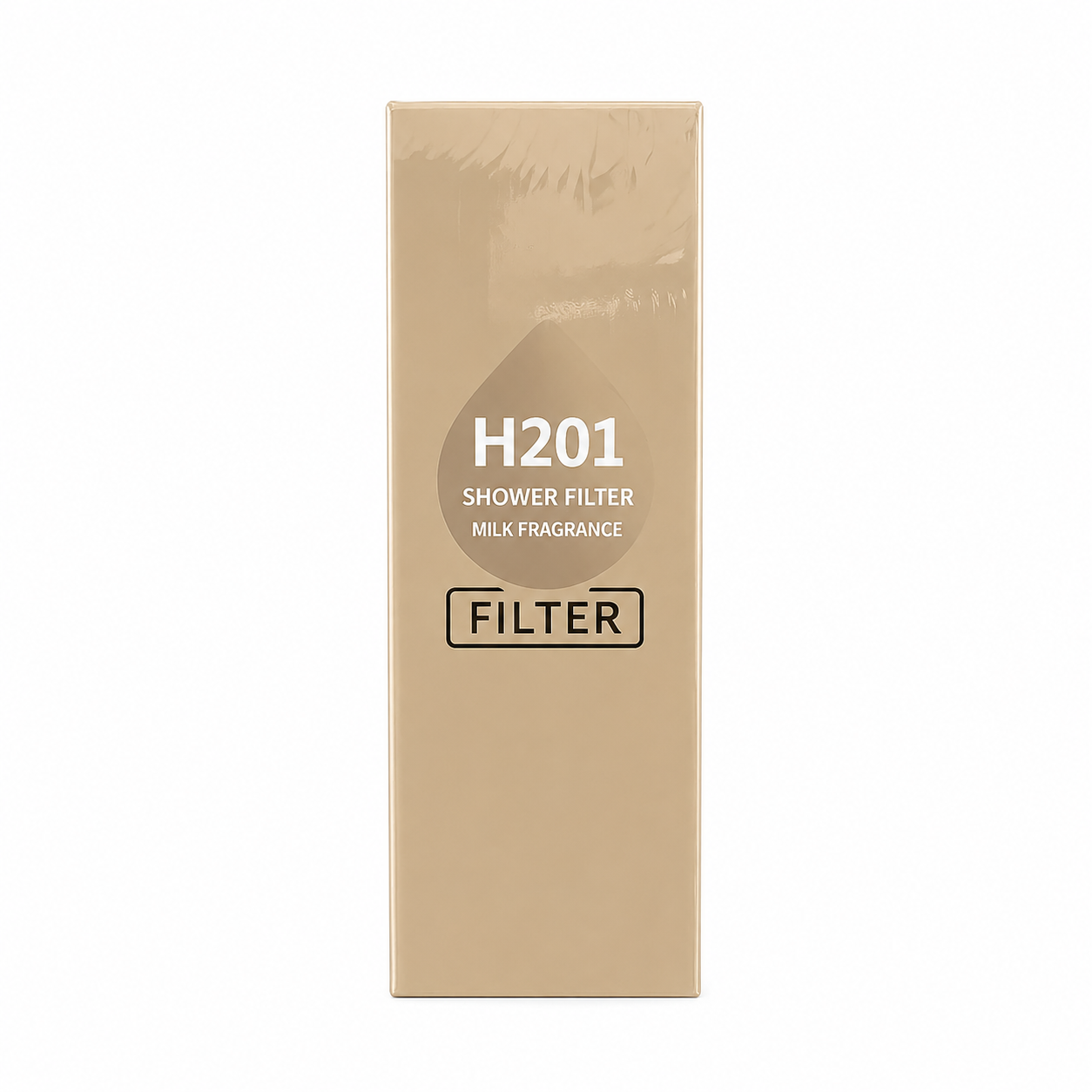 Beige box labeled 'H201 Shower Filter Milk Fragrance' on a white background