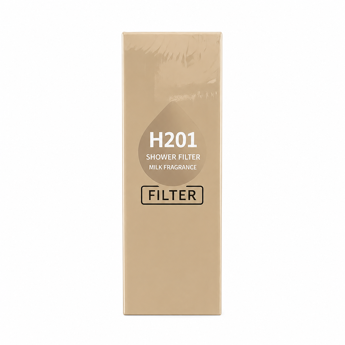 Beige box labeled 'H201 Shower Filter Milk Fragrance' on a white background